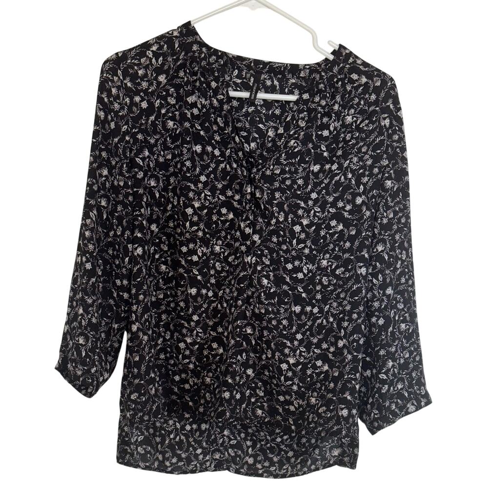 Sheer Floral Long Sleeve Black & White Blouse Women's Size Small Cottage Chic